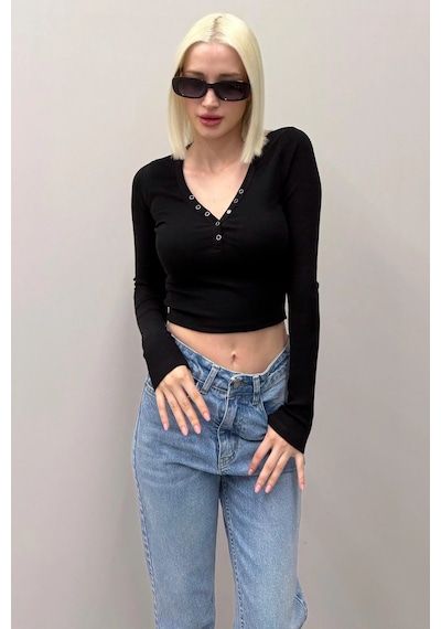 Madmext Siyah V Yaka Uzun Kollu Düğme Detaylı Kaşkorse Bodysuit Mg2194 Siyah