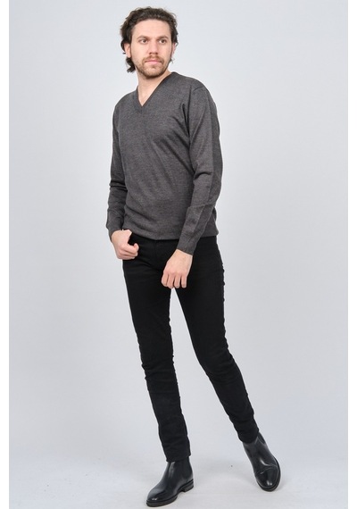 Woolen World Erkek V Yaka Desenli Yün Kazak 5597802 Füme Füme Beyaz