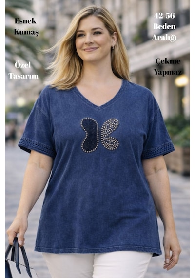 Cedy Denim Cedy - Kadın Özel Tasarım Esnek, Pul Payet, Dantel Detaylı Yıkamalı V Yaka Büyük Beden Tişört Lacivert Cedy Denim Cedy - Kadın Özel Tasarım Esnek, Pul Payet, Dantel Detaylı Yıkamalı V Yaka Büyük Beden Tişört Lacivert