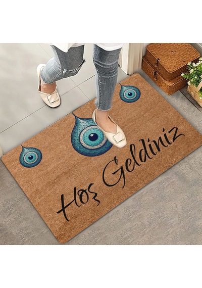 Valerine Life Bize Nazar Değmesin Üçlü Nazar Boncuğu Hoş Geldiniz Kapı Önü Paspası 45x70cm