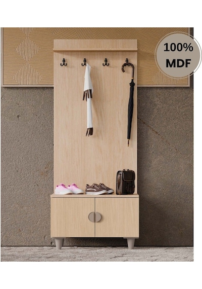 Ladin Mdf Ayaklı Tasarım Askılıklı Portmanto Ayakkabılık Bej