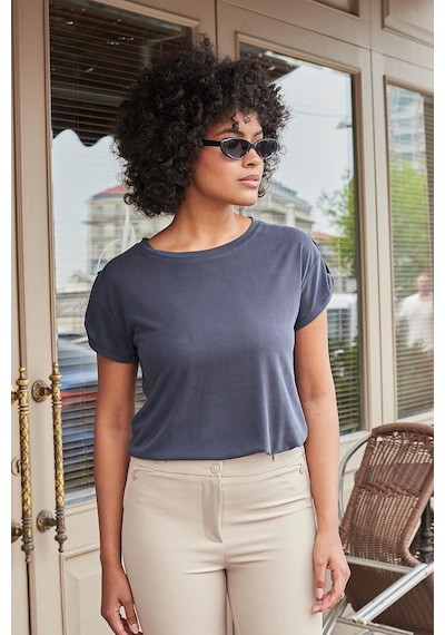 Jument Kadın Modal Penye Geniş Sıfır Yaka Düşük Omuzlu Apoletli Kısa Kol T-shirt Bluz-lacivert Lacivert