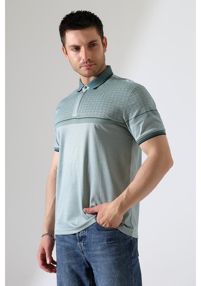 Rıbana Classıc Fermuar Detaylı Desenli Pamuklu Polo Yaka T-shirt Yeşil