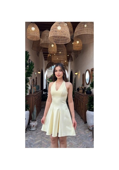 Moda Banuş V Yaka Sarı Slim Fit Mini Elbise-dar Kalıp