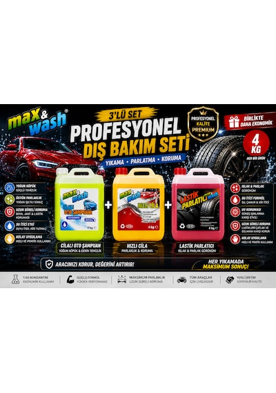 Max&wash 3'lü Profesyonel Dış Bakım Seti 4+4+4 Kg Cilalı Oto Şampuan + Hızlı Cila + Lastik Parlatıcı Oto Kuaför Bakım Seti