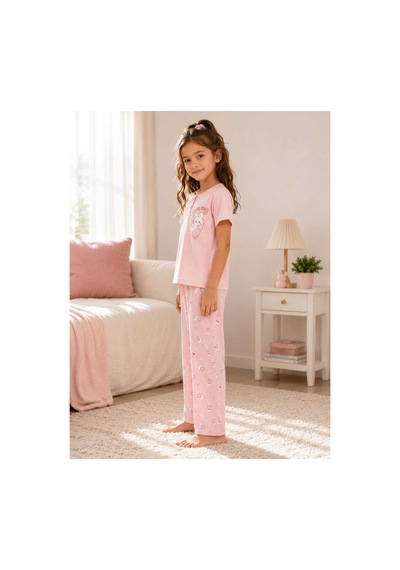 Pijamask Kız Çocuk Baskılı Pamuklu Kısa Kollu Yazlık Pijama Takımı Pembe
