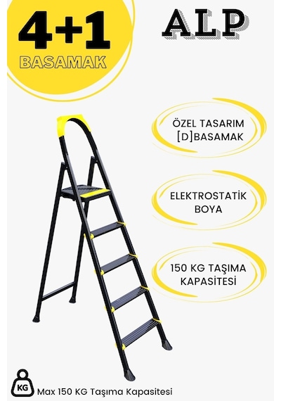 Karen Alp 4+1 Metal Basamaklı Katlanabilir Merdiven Siyah
