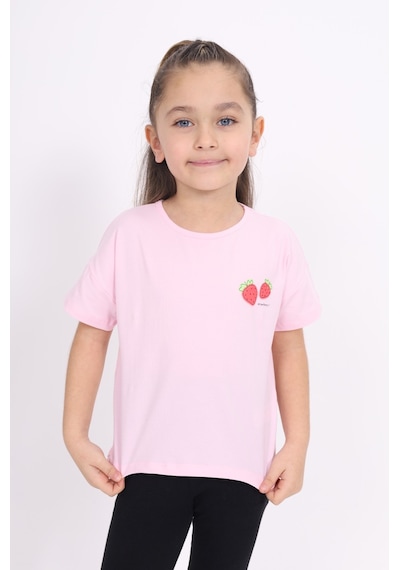 Toontoy Kids Toontoy Kız Çocuk Yakası Çilek Baskılı Tişört Açık Pembe