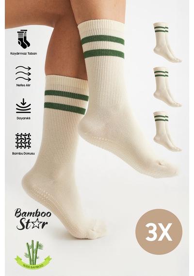 Bamboo Star Bambu Kadın Bej Kaydırmaz Taban Silikon Baskı Yoga Fitness Pilates Bale Dans Tenis Çorabı 3'lü Ekru