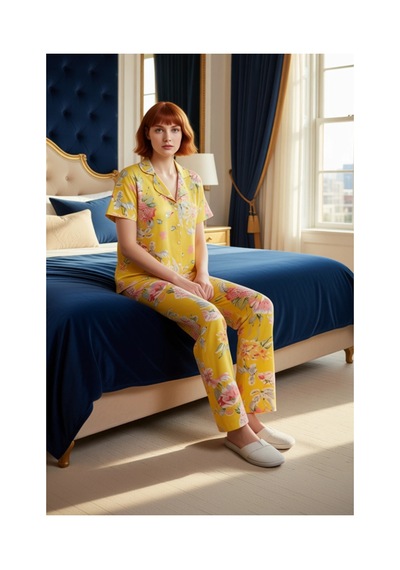 Ersefa Kadın Çiçekli Örme Pijama Takımı Gömlek Yaka Fonksiyonel Dayanıkl sarı