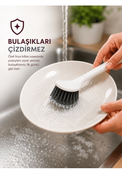 Beylini Tezgah Üstü Silikon Uçlu Bulaşık Yıkama Fırçası Çizdirmez Lavabo Tezgah Üstü Tabak Bardak Banyo Fırça Beyaz