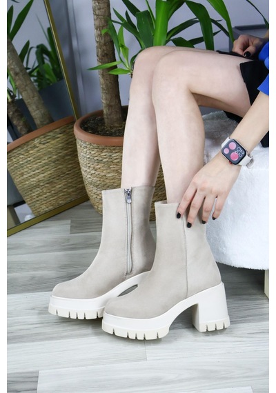 Asmi Shoes Kadın Leysi 8 Cm Platformlu Topuklu Fermuarlı Bot Bej Süet Bej