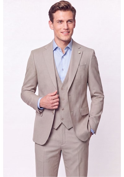 Efor Slim Fit Çift Yırtmaç %97 Yünlü Doku Desenli Esnek Bej Yelekli Takım Elbise Tk 927