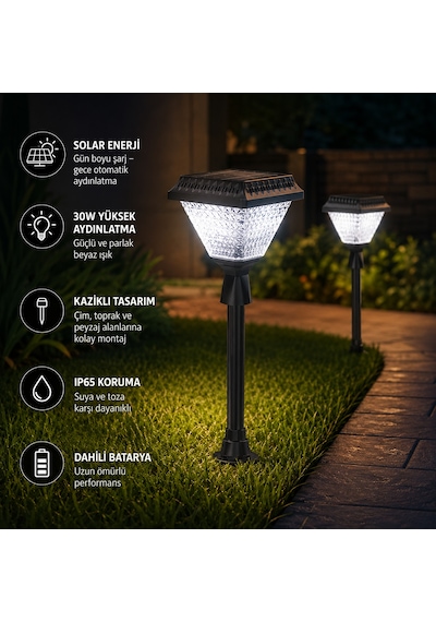 Güneş Enerjili 30w Solar Kazıklı Çim Armatür Beyaz Işık Ct7317