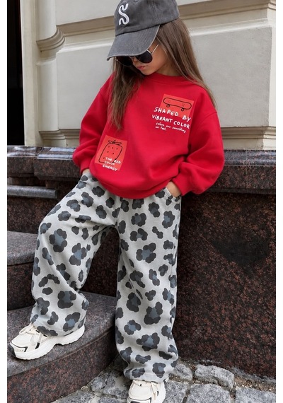 Monila Kız Çocuk Kırmızı Baskılı Pamuklu Sweatshirt Ve Gri Leopar Baskılı Eşofman Alt Üst Takım