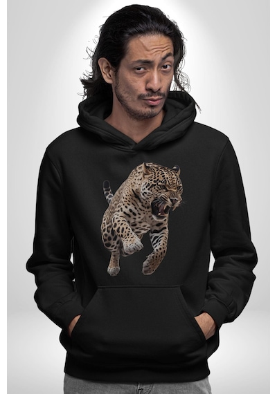Jaguar Sırtından Çıkan Kadın Erkek Siyah Kapüşonlu Sweatshirt Hoodie Siyah