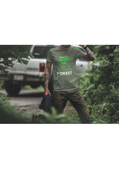 Outdoor Doğa Kamp No Wifi Tasarım Baskılı %100 Pamuk Regular Fit Haki T-shirt Haki