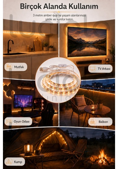 3 Metre 5v Usb Amber Şerit Led Anahtarlı Mutfak Tezgah Altı Tv Masa Kamp Powerbank Sıcak Işık