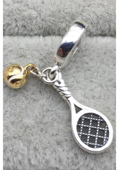 Fubena Tenis Raketi Ve Altın Renk Top Sallantılı Charm Gümüş