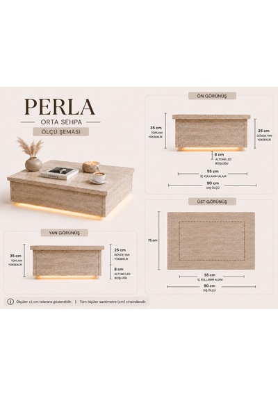 Misterium Perla Led Işıklı 90x75 Kare Orta Sehpa - Traverten Doku - Mermer Desen
