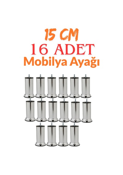 Klc 16 Adet M8 İnce Diş Krom Metal Mobilya Ayağı - Kanepe, Baza, Koltuk Yükseltme Ayağı 15 Cm Krom Krom