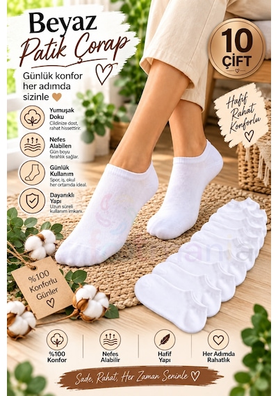 Footmania Kadın 10 Çift Beyaz Patik Çorap Seti Pamuklu