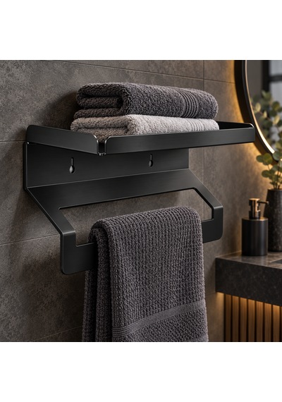 Metal Raflı Havluluk 40 Cm Duvar Tipi Havlu Askısı Siyah