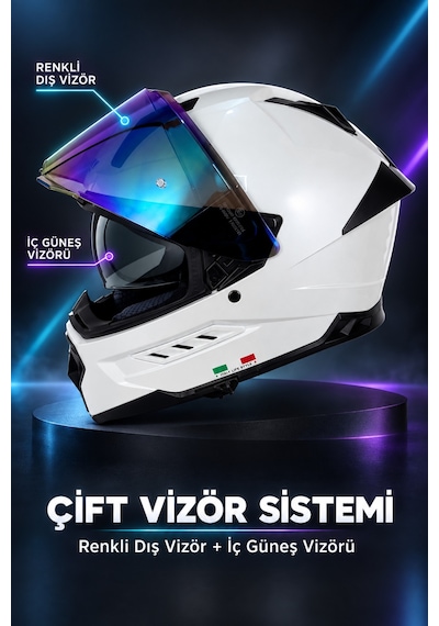 Sway 868 Renkli Vizör & Spoiler Kanat & Güneş Vizör Kask Beyaz