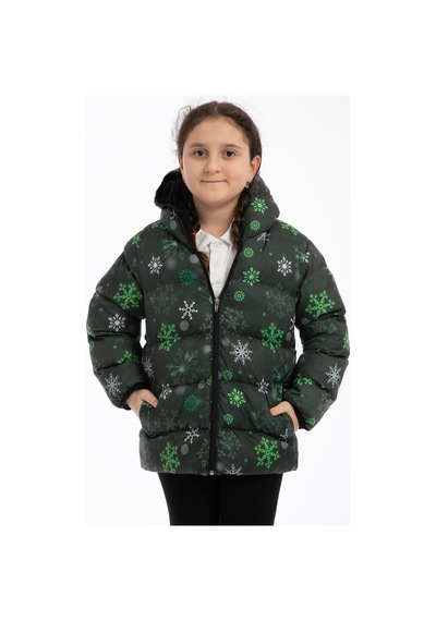 Spor Kız Çocuk Dijital Desen Polar Su Ve Rüzgar Geçirmez Kapüşonlu Şişme Kışlık Mont-199 YESIL