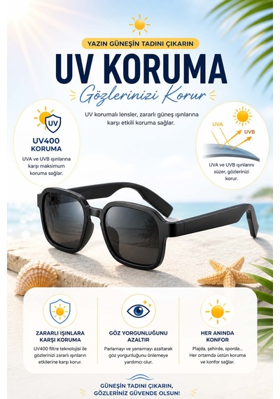 Akıllı Güneş Gözlüğü Yapay Zeka Sesli Asistan Uv400 Koruma Su Geçirmez Siyah
