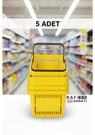 5 Adet / 22 Litre Plastik Market Alışveriş Sepeti Profesyonel Market Mağaza El Sepeti Sarı