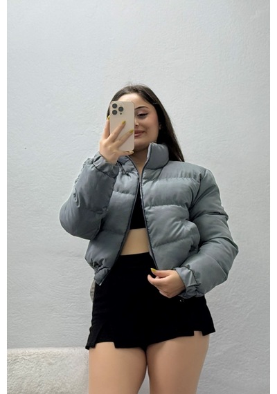 Belendir Kadın Beli Lastikli Şişme Mont Koyugri Gri