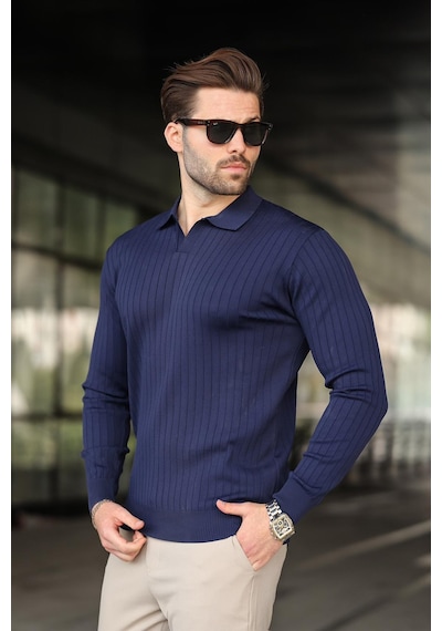 Madmext Lacivert Polo Yaka Çizgili Uzun Kollu Kazak 7239 Lacivert