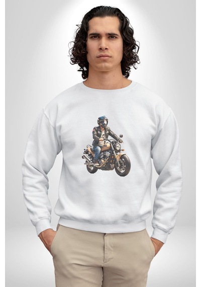 Kask Motorsiklet Dünya Turu Unisex Beyaz Baskılı Sweatshirt Beyaz