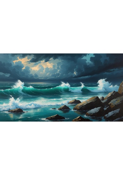 Doğa Ve Manzara Yatay Kayalara Çarpan Güçlü Okyanus Dalgaları, Dramatik Gökyüzü 01 Çerçevesiz 90x60cm Pvc Tablo