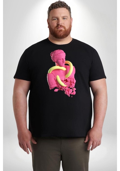 Angemiel Pop Art Yaratıcı Heykel Pembe Siyah Büyük Beden Erkek Kadın Unisex Basic Ön Baskılı Tişört Siyah
