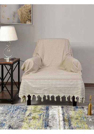 Buldan İşi Pamuklu 2'li Berjer Koltuk Örtüsü Seti 180x150 Cm - Kolları Örten Dokuma Kumaş Vizon Diğer