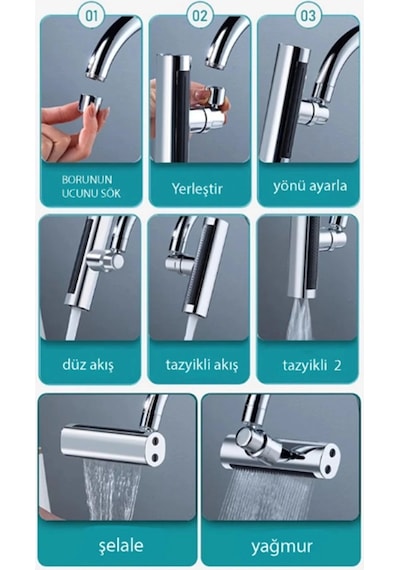 Krom Tasarruflu Şelale Musluk Başlığı 4 Modlu, Ayarlanabilir, Su Tasarrufu Sağlayan Pratik Başlık