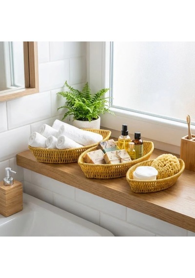 3 Lü Kayık Formlu Plastik Rattan Sepet Seti Hasır Görünümlü Ekmek, Meyve Ve Sunum Sepetleri, Çok Amaçlı M Çok Renkli