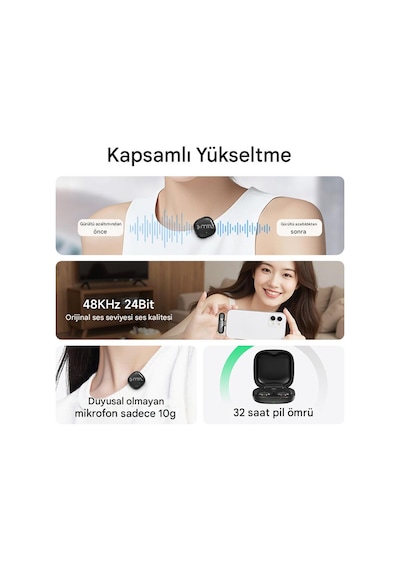 Type-c Mini Kablosuz Bluetooth 2 Kişilik Yaka Mikrofonu Yapay Zeka Destekli Uzun Pil Ömrü Mt936