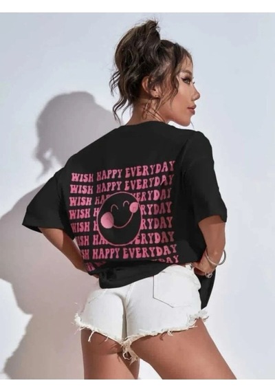 Flood Of Style Kadın Siyah Wish Happy Baskılı Oversize
