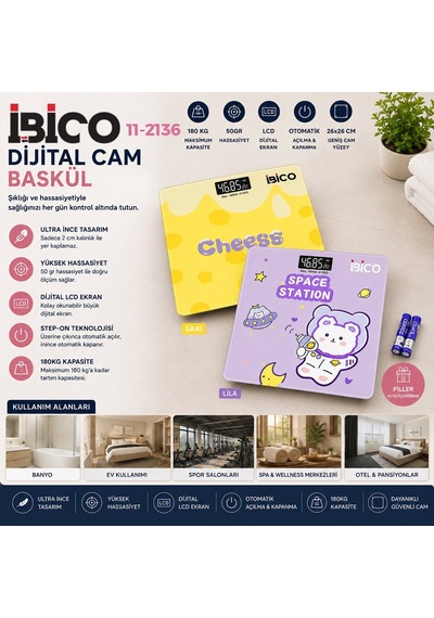 İbico İ11-030 0221a Desenli Renkli Cam Dijital Banyo Baskülü - Lcd Ekran, 180 Kg / 50 Gr, 26x26 Cm