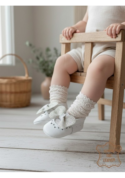 Denokids Kız Bebek Patik Hakiki Deri Taşlı Beyaz Yumuşak Taban Ayakkabı 17-21 Numara Renkli