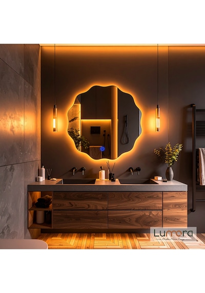 Cirelia Amber Led'li Lazer Kumlamalı Lavabo & Banyo Aynası Dokunmatik Sensörlü 80 X 80 Turuncu