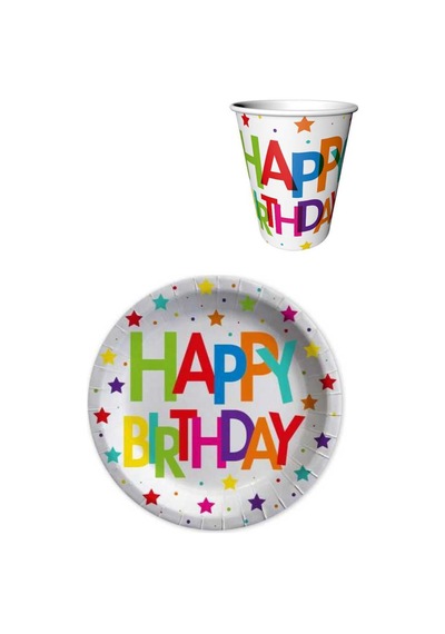 Çok Renkli Happy Birthday 8'li Karton Bardak Tabak Set Tüm Yaşlar