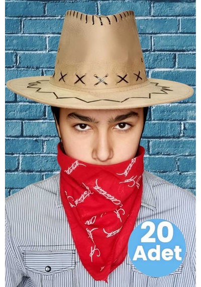 Uniquetrenders Çocuk Unisex Bandanalı 20'li Nubuk Kovboy Şapkası 8-14 Yaş Koyu Bej 5