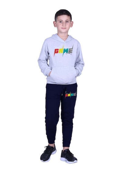 Fyk Kids Kapüşonlu Kanguru Cepli Game Baskılı Erkek Çocuk Eşofman Takımı Gri - Lacivert