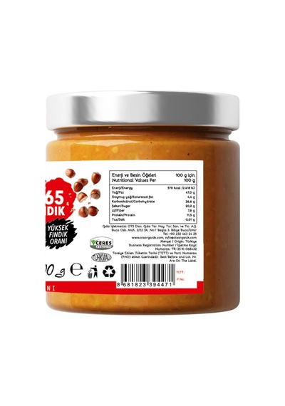 Ots Organik Tahinli Fındık Kreması 200 gr (Organik Sertifikalı, Pestisit Analizli)
