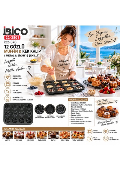 12 Gözlü Metal - Siyah Şekilli Muffin - Kek Kalıp 5523 12v