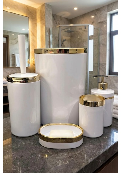 Makri Home Banyo Seti 5'li,akrilik-çöpkovası,wc Fırçalık,sıvı Sabunluk,diş Fırçalık,el Sabunluk,gold Renk Detay Beyaz